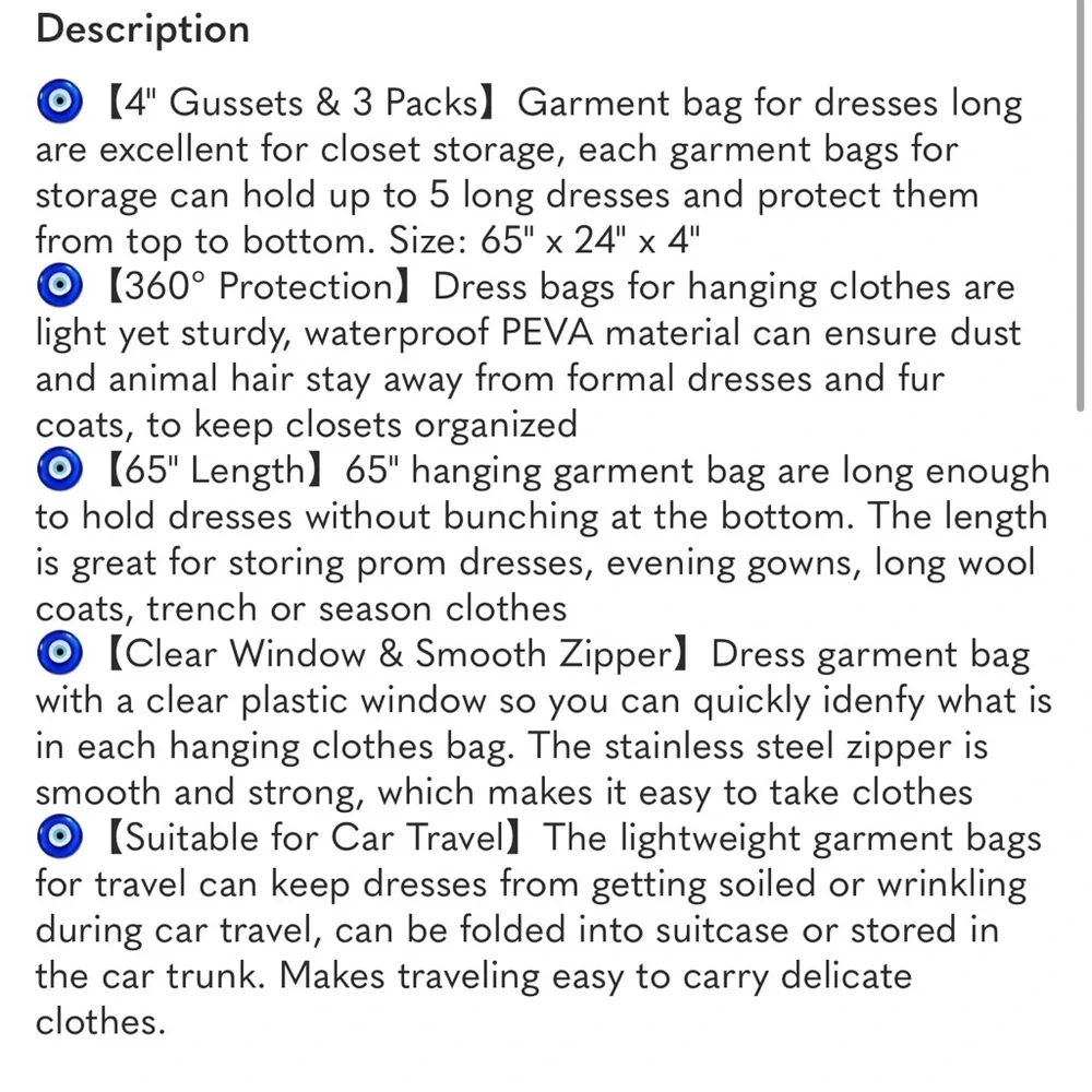 Gusseted Garment Bags for Dresses 65 Inch Long Waterproof Hanging Clothes Bag 3